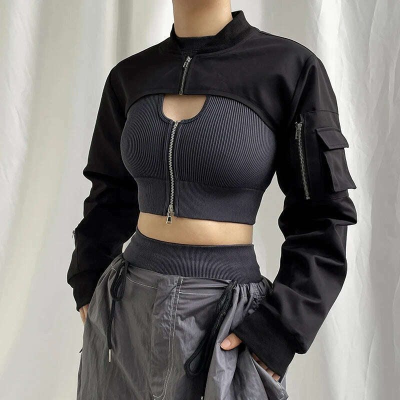 KIMLUD, HEYounGIRL Super-short Black Jacket Zipper Long Sleeve Harajuku Cropped Tshirt Gothic Techwear Fashion Korean Tee Punk Street, KIMLUD Women's Clothes
