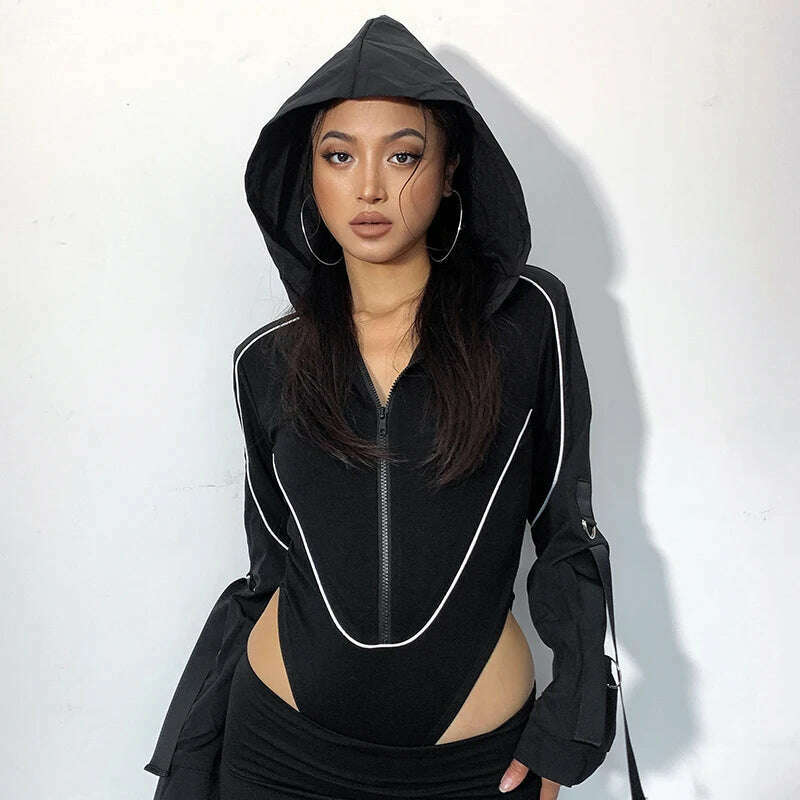 KIMLUD, HEYounGIRL Zipper Punk Women Bodysuit Chic Black Casual Rompers Long Sleeve Autumn Hooded Bodysuits Streetwear Outfits Techwear, KIMLUD Womens Clothes