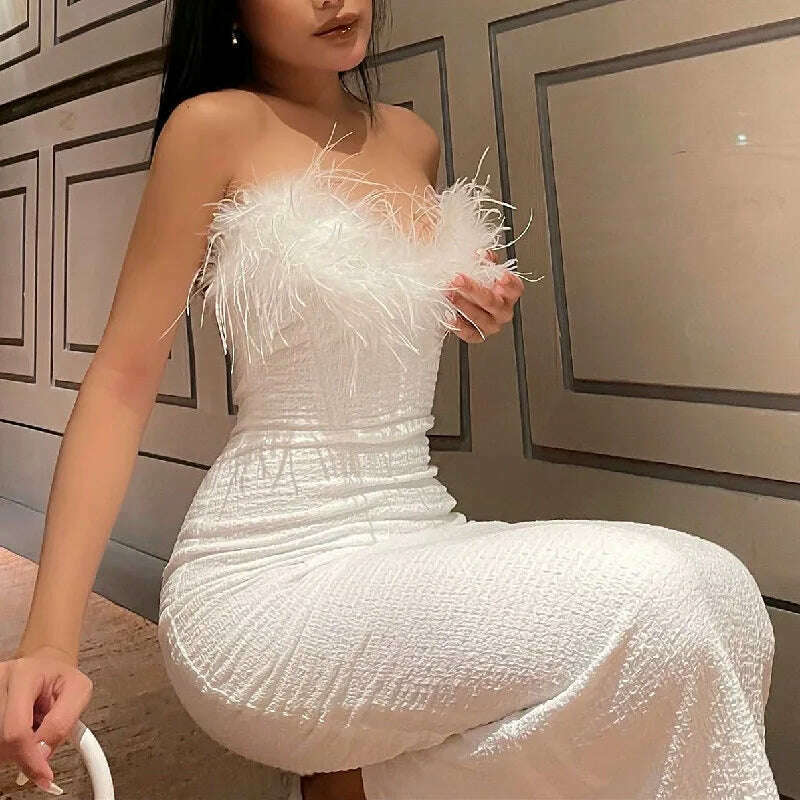 KIMLUD, HEZIOWYUN Women Sleeveless Off Shoulder Feather Plush Patchwork Split Hem Casual Evening Club Party Summer Fall Wrapped Dress, KIMLUD Womens Clothes