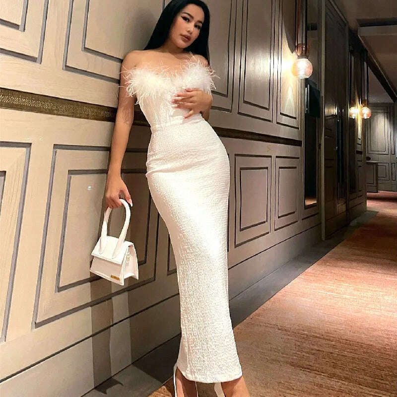 KIMLUD, HEZIOWYUN Women Sleeveless Off Shoulder Feather Plush Patchwork Split Hem Casual Evening Club Party Summer Fall Wrapped Dress, KIMLUD Womens Clothes