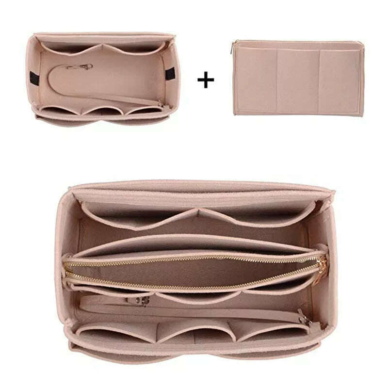 KIMLUD, HHYUKIMI Brand Make up Organizer Felt Insert Bag For Handbag Travel Inner Purse Portable Cosmetic Bags Fit Various Brand Bags, Khaki / 26X15X15CM, KIMLUD Womens Clothes