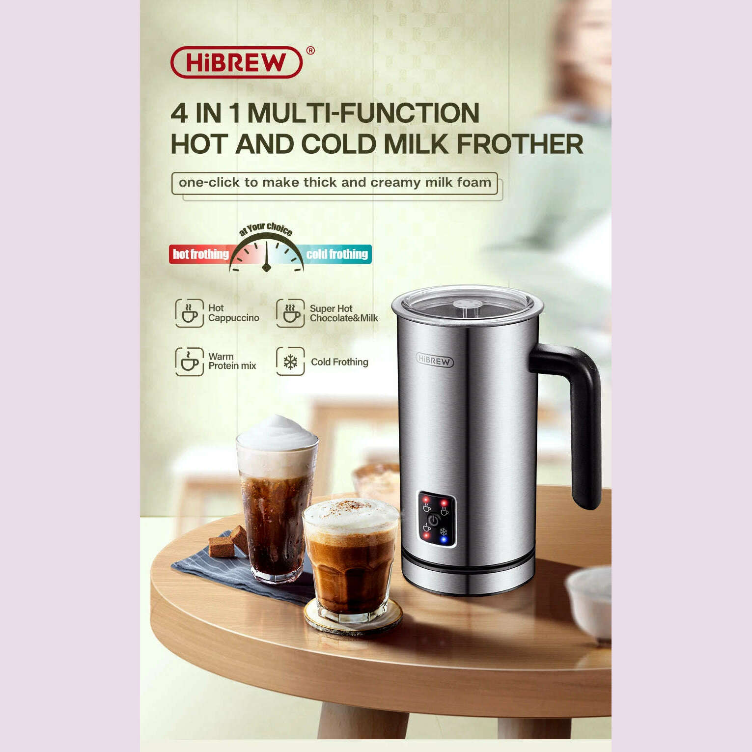 HiBREW 4 in 1 Milk Frother Frothing Foamer Fully automatic Milk Warmer Cold/Hot Latte Cappuccino Chocolate Protein powder M3 - KIMLUD