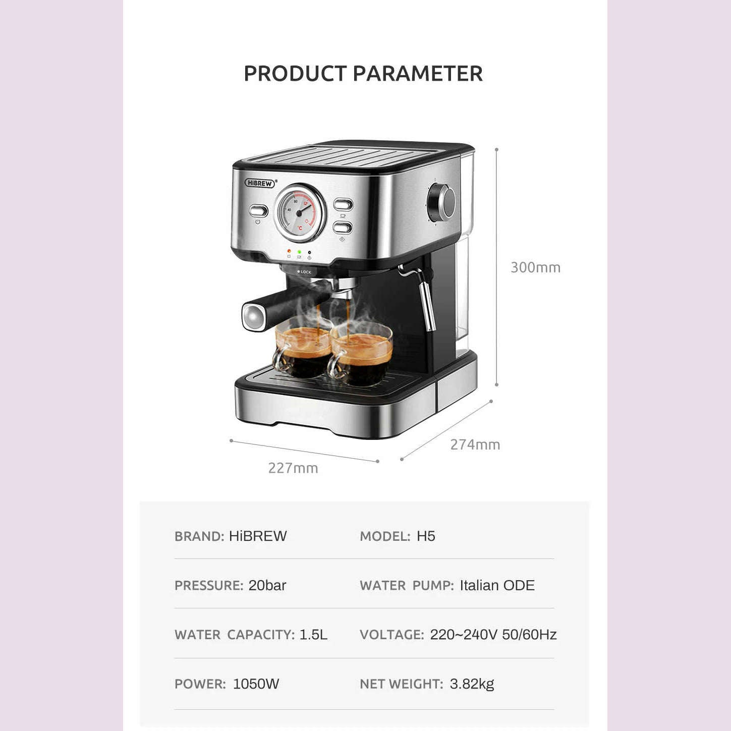 KIMLUD, HiBREW Coffee Machine Cafetera 20 Bar Espresso Inox Semi Automatic Expresso Cappuccino Hot Water Steam Temperature Display H5, KIMLUD Womens Clothes