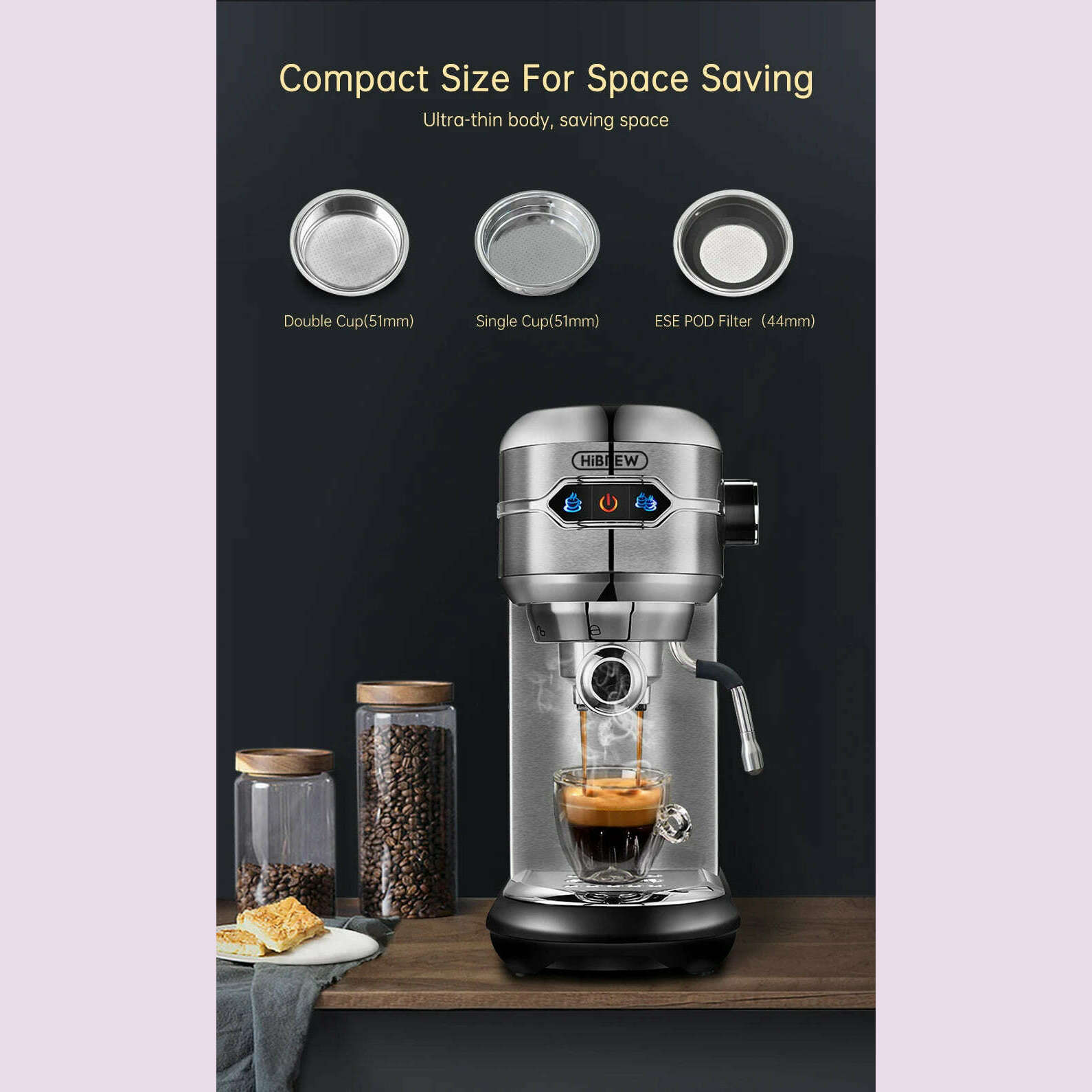 HiBREW Coffee Maker Cafetera 20 Bar Inox Semi Automatic Super Slim ESE POD & Powder Espresso Machine Hot Water H11 - KIMLUD