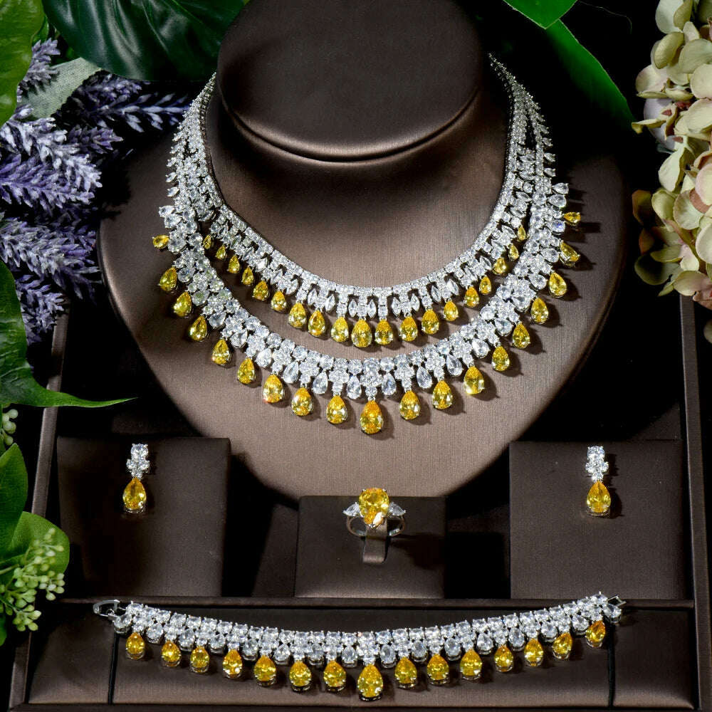KIMLUD, HIBRIDE Luxury 4pcs Earrings and Necklace Jewelry Set  Water Drop Yellow Color Women Bridal Wedding Jewelry Accessories N-1296, KIMLUD Women's Clothes