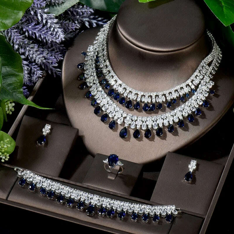 KIMLUD, HIBRIDE Luxury 4pcs Earrings and Necklace Jewelry Set  Water Drop Yellow Color Women Bridal Wedding Jewelry Accessories N-1296, dark blue, KIMLUD Women's Clothes