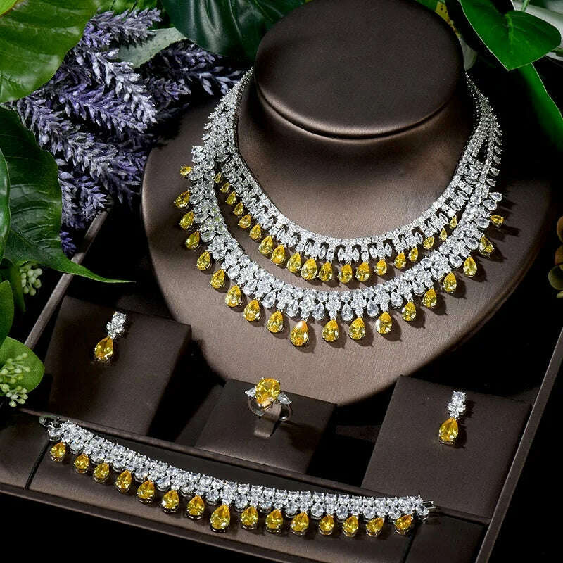 KIMLUD, HIBRIDE Luxury 4pcs Earrings and Necklace Jewelry Set  Water Drop Yellow Color Women Bridal Wedding Jewelry Accessories N-1296, yellow, KIMLUD Women's Clothes