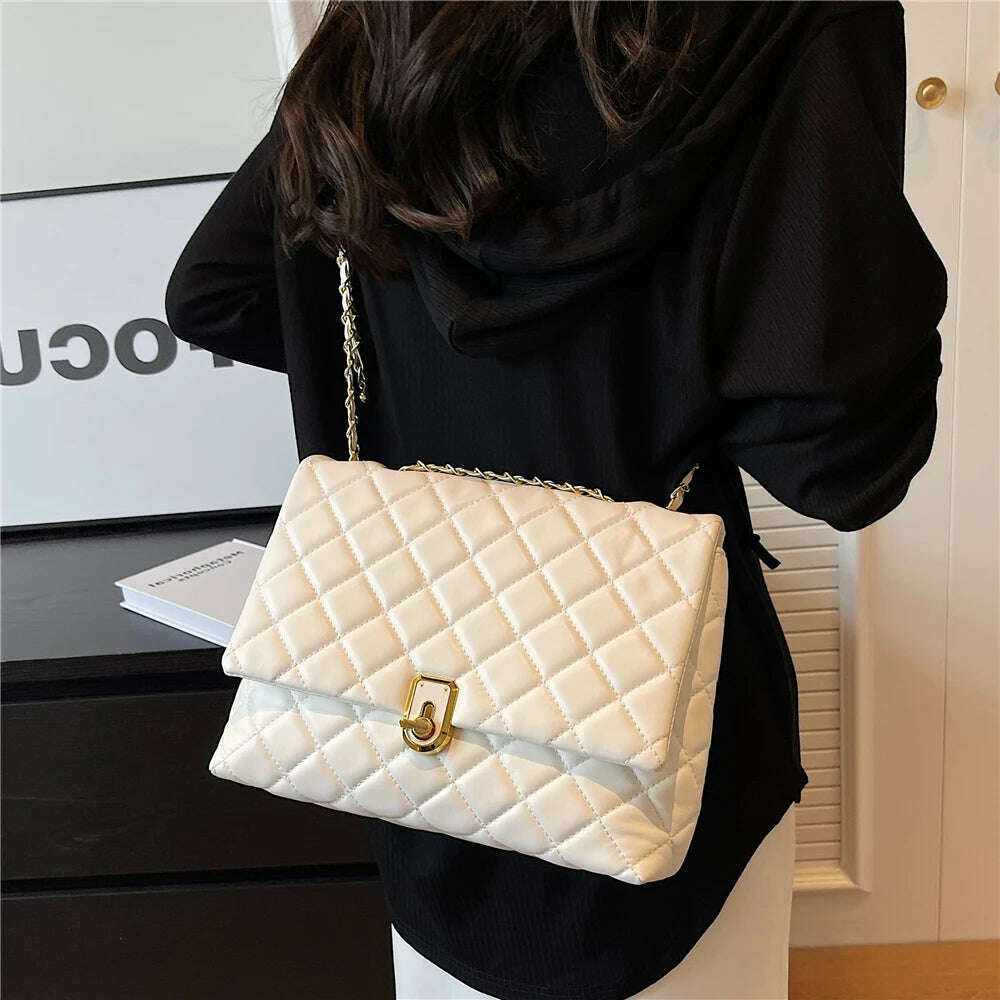 KIMLUD, Hifashion Quilted Leather Double Chain Shoulder Bags For Women 2023 Luxury Designer Large Crossbody Ladies Handbags And Purses, KIMLUD Women's Clothes