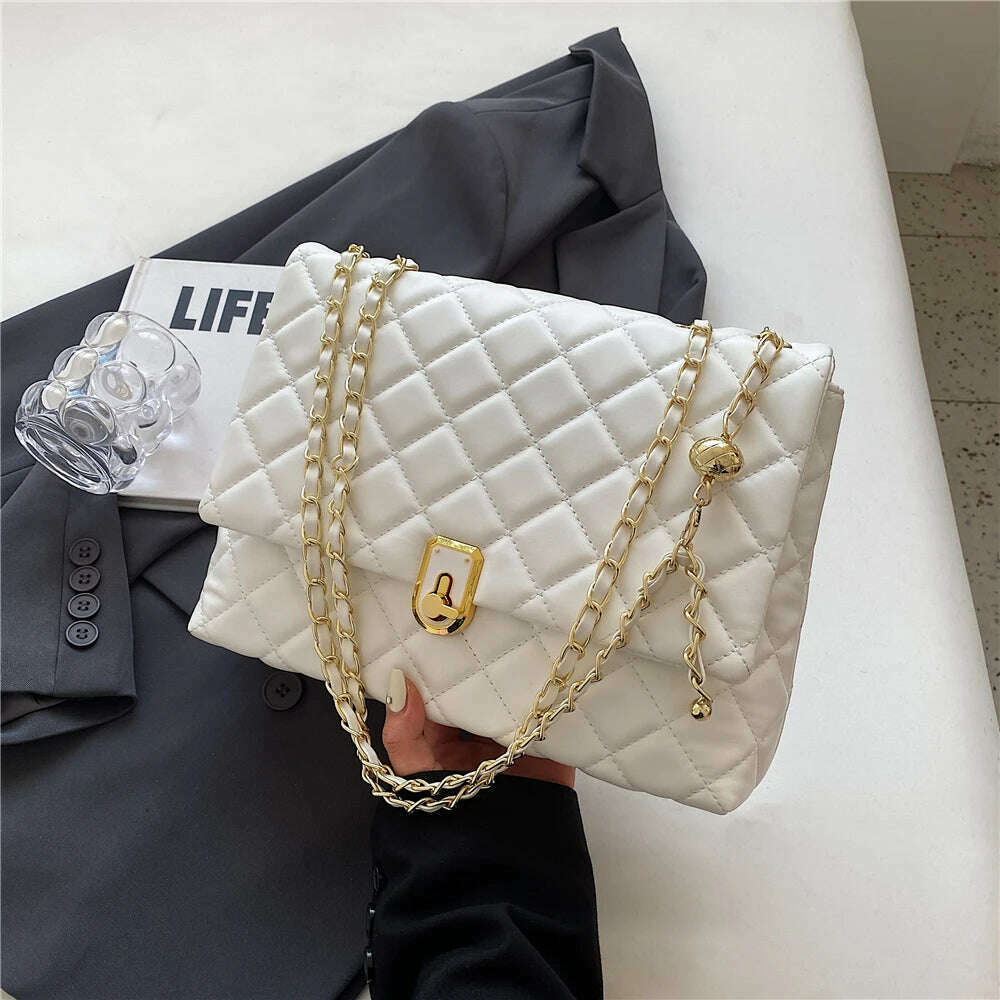 KIMLUD, Hifashion Quilted Leather Double Chain Shoulder Bags For Women 2023 Luxury Designer Large Crossbody Ladies Handbags And Purses, White, KIMLUD Womens Clothes