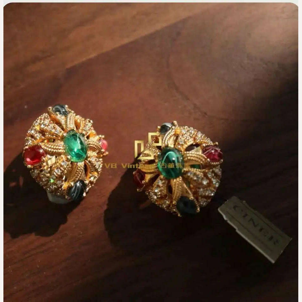 high-end 1:1 version Vintage luxury Jewelry set  colored gem necklace bracelet earrings Ear clips, Ear clips, KIMLUD Women's Clothes