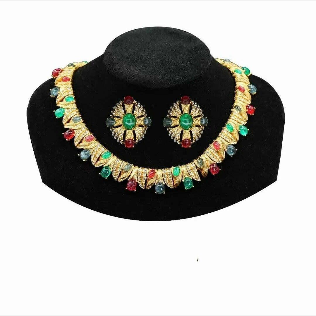 high-end 1:1 version Vintage luxury Jewelry set  colored gem necklace bracelet earrings Ear clips, Necklace Ear clips, KIMLUD Women's Clothes
