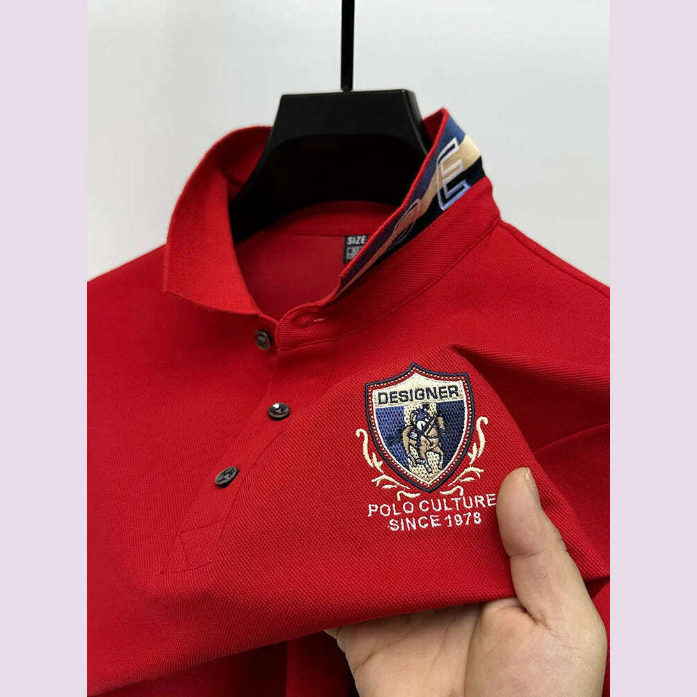 KIMLUD, High End Luxury Brand Designer Embroidered Men's Polo Short Sleeved Summer Cotton Loose Casual Business Lapel Korean New Top, Red / XXXL, KIMLUD APPAREL - Womens Clothes