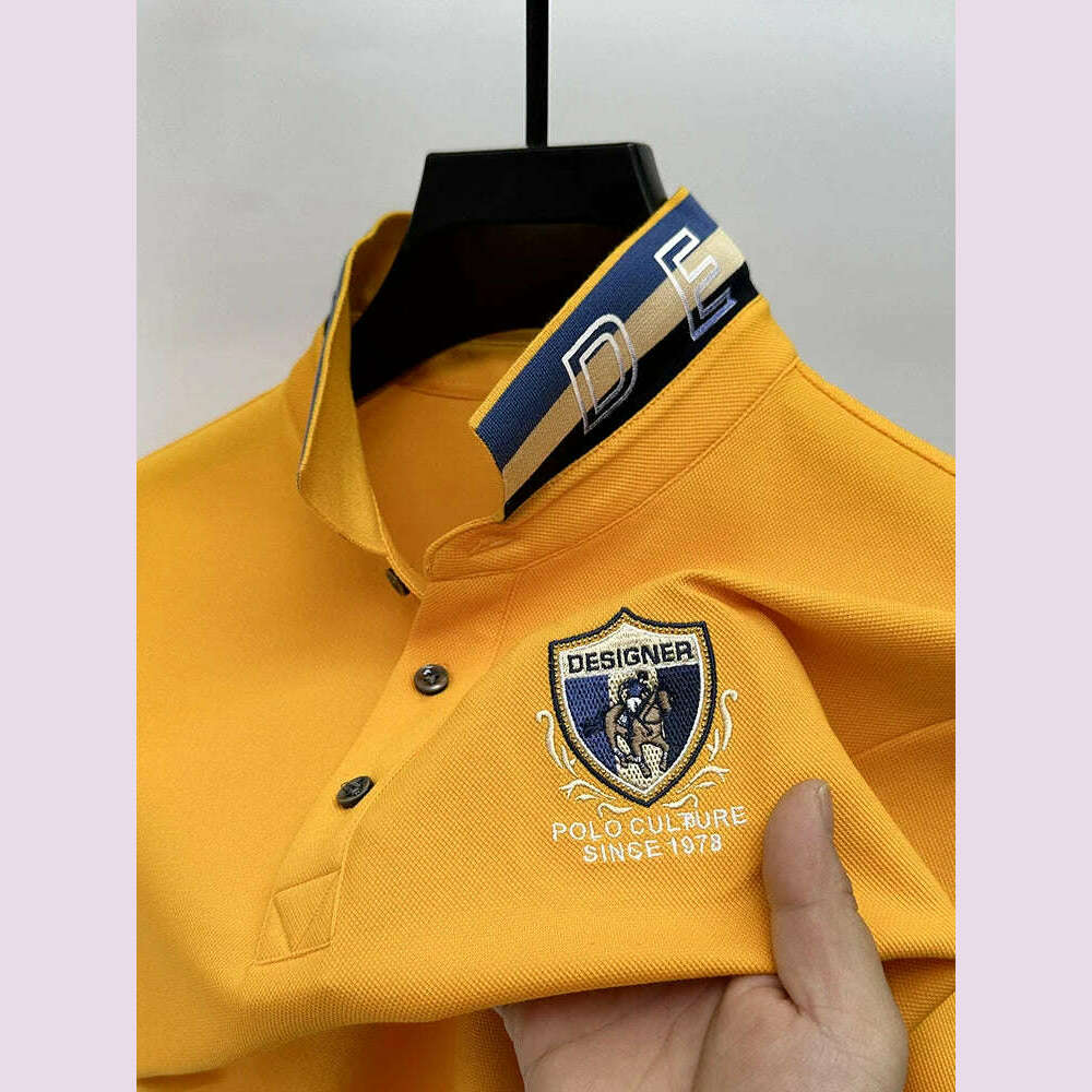 KIMLUD, High End Luxury Brand Designer Embroidered Men's Polo Short Sleeved Summer Cotton Loose Casual Business Lapel Korean New Top, Yellow / XL, KIMLUD APPAREL - Womens Clothes