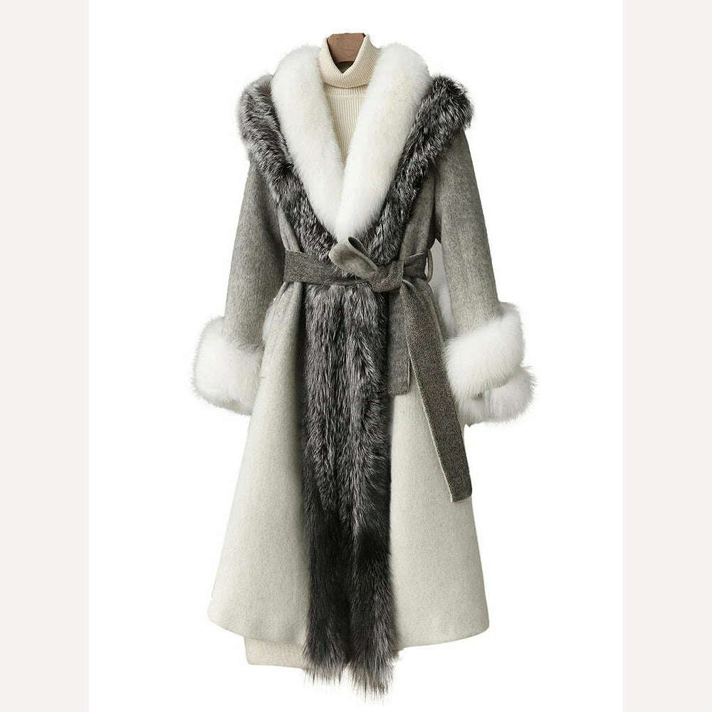 KIMLUD, High-End Luxury Fox Fur Collar Furry Coat Female Winter Thicken Thermal White Goose Down Liner Slim Cashmere Woolen Coat Women, KIMLUD Womens Clothes
