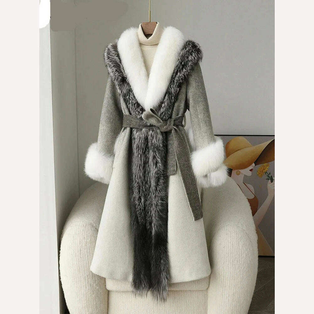 KIMLUD, High-End Luxury Fox Fur Collar Furry Coat Female Winter Thicken Thermal White Goose Down Liner Slim Cashmere Woolen Coat Women, KIMLUD Womens Clothes