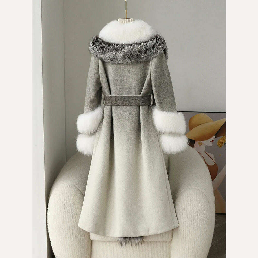 KIMLUD, High-End Luxury Fox Fur Collar Furry Coat Female Winter Thicken Thermal White Goose Down Liner Slim Cashmere Woolen Coat Women, KIMLUD Womens Clothes