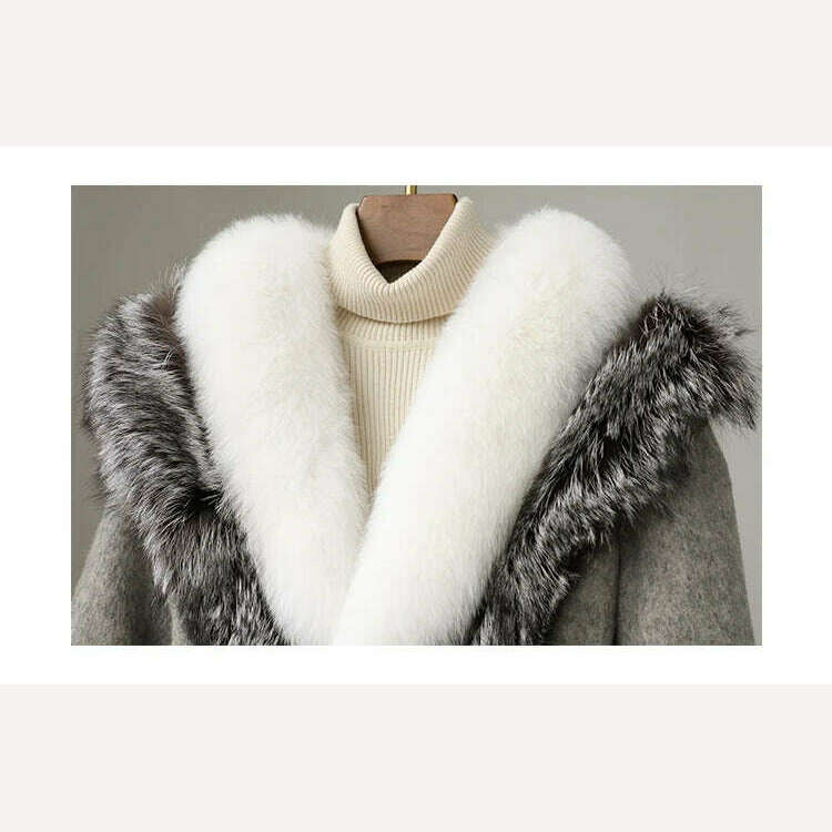 KIMLUD, High-End Luxury Fox Fur Collar Furry Coat Female Winter Thicken Thermal White Goose Down Liner Slim Cashmere Woolen Coat Women, KIMLUD Womens Clothes