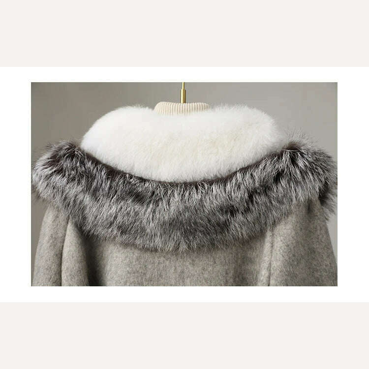 KIMLUD, High-End Luxury Fox Fur Collar Furry Coat Female Winter Thicken Thermal White Goose Down Liner Slim Cashmere Woolen Coat Women, KIMLUD Womens Clothes