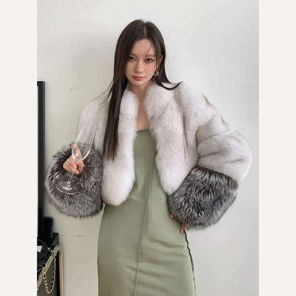 KIMLUD, High-end Luxury Natural Fox Fur Coat for Women 2024 New Elegant Slim High Waist Cropped Fluffy Winter Real Fur Jacket, KIMLUD Womens Clothes