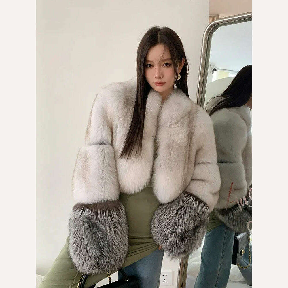 KIMLUD, High-end Luxury Natural Fox Fur Coat for Women 2024 New Elegant Slim High Waist Cropped Fluffy Winter Real Fur Jacket, KIMLUD Women's Clothes