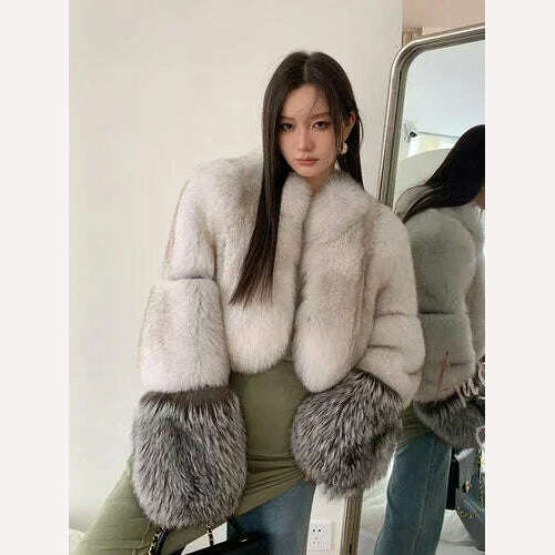 KIMLUD, High-end Luxury Natural Fox Fur Coat for Women 2024 New Elegant Slim High Waist Cropped Fluffy Winter Real Fur Jacket, Gray White / M, KIMLUD Womens Clothes