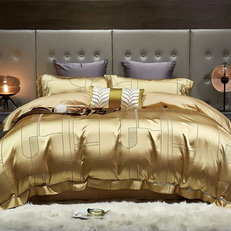 KIMLUD, High End Mulberry S i l k Jacquard Bedding Set  4-piece Duvet Cover Set 200*230CM 220*240CM Flat Sheet Bedding, Difannisi-gold / 200x230cm 4pcs, KIMLUD Womens Clothes