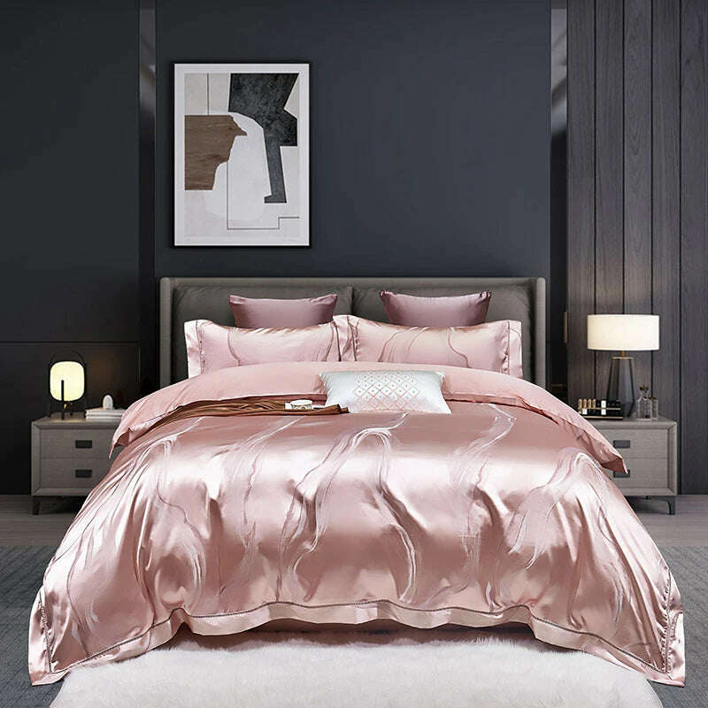 KIMLUD, High End Mulberry S i l k Jacquard Bedding Set  4-piece Duvet Cover Set 200*230CM 220*240CM Flat Sheet Bedding, Fankeyani-pink / 200x230cm 4pcs, KIMLUD Womens Clothes