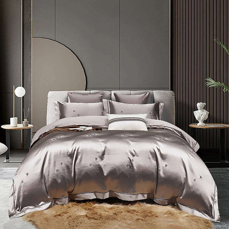 KIMLUD, High End Mulberry S i l k Jacquard Bedding Set  4-piece Duvet Cover Set 200*230CM 220*240CM Flat Sheet Bedding, Keermansi-grey / 200x230cm 4pcs, KIMLUD Womens Clothes