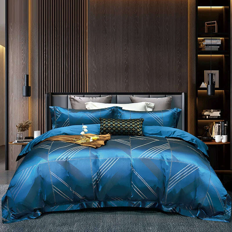 KIMLUD, High End Mulberry S i l k Jacquard Bedding Set  4-piece Duvet Cover Set 200*230CM 220*240CM Flat Sheet Bedding, Ouluobasha-blue / 200x230cm 4pcs, KIMLUD Womens Clothes