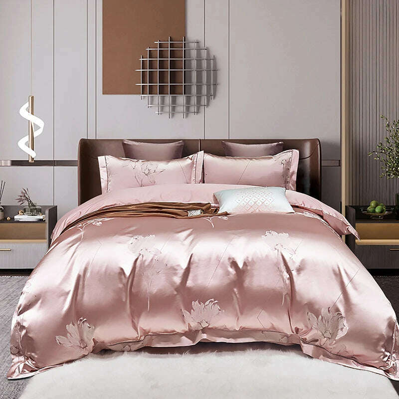 KIMLUD, High End Mulberry S i l k Jacquard Bedding Set  4-piece Duvet Cover Set 200*230CM 220*240CM Flat Sheet Bedding, Lashabeier-pink / 200x230cm 4pcs, KIMLUD Womens Clothes