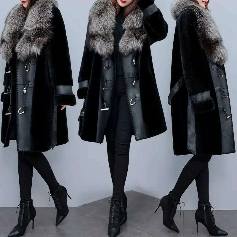 KIMLUD, High-grade Luxury Fox Fur Collar Jacket Women's 2023 New Winter Temperament Fashion Fur Coats Black Female Warm Parkas Overcoat, KIMLUD Women's Clothes