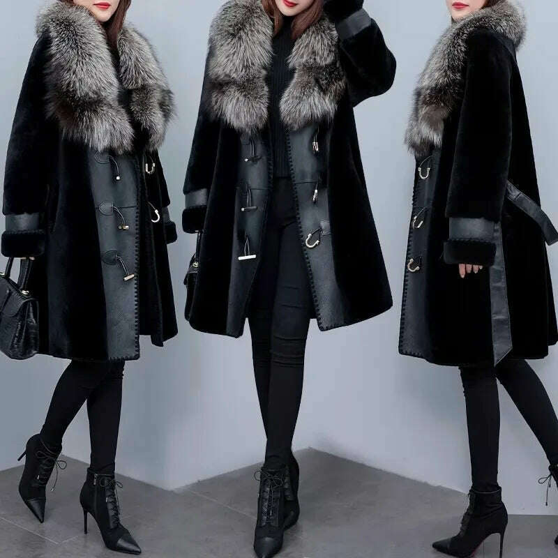 KIMLUD, High-grade Luxury Fox Fur Collar Jacket Women's 2023 New Winter Temperament Fashion Fur Coats Black Female Warm Parkas Overcoat, KIMLUD Womens Clothes