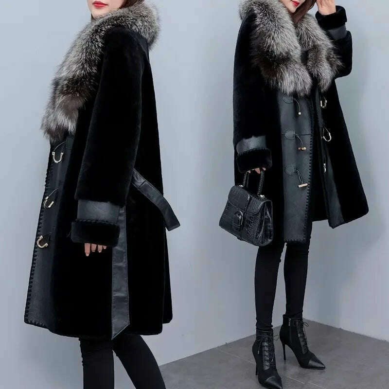 High-grade Luxury Fox Fur Collar Jacket Women's 2023 New Winter Temperament Fashion Fur Coats Black Female Warm Parkas Overcoat - KIMLUD