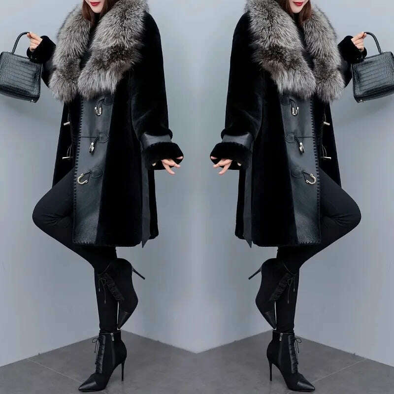 High-grade Luxury Fox Fur Collar Jacket Women's 2023 New Winter Temperament Fashion Fur Coats Black Female Warm Parkas Overcoat - KIMLUD