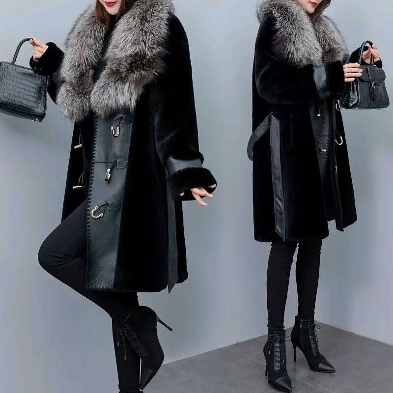 KIMLUD, High-grade Luxury Fox Fur Collar Jacket Women's 2023 New Winter Temperament Fashion Fur Coats Black Female Warm Parkas Overcoat, KIMLUD Womens Clothes