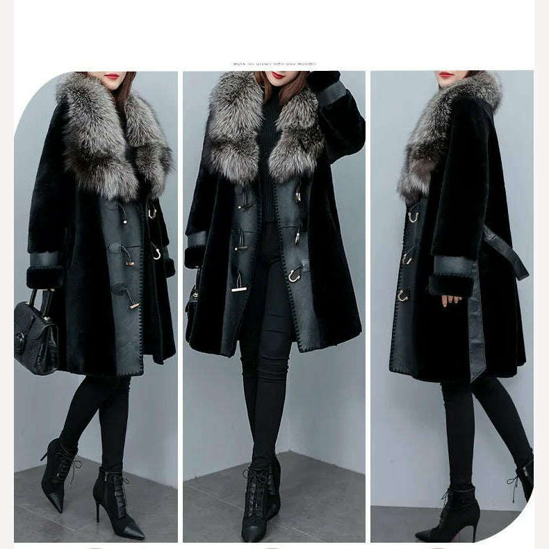 High-grade Luxury Fox Fur Collar Jacket Women's 2023 New Winter Temperament Fashion Fur Coats Black Female Warm Parkas Overcoat - KIMLUD