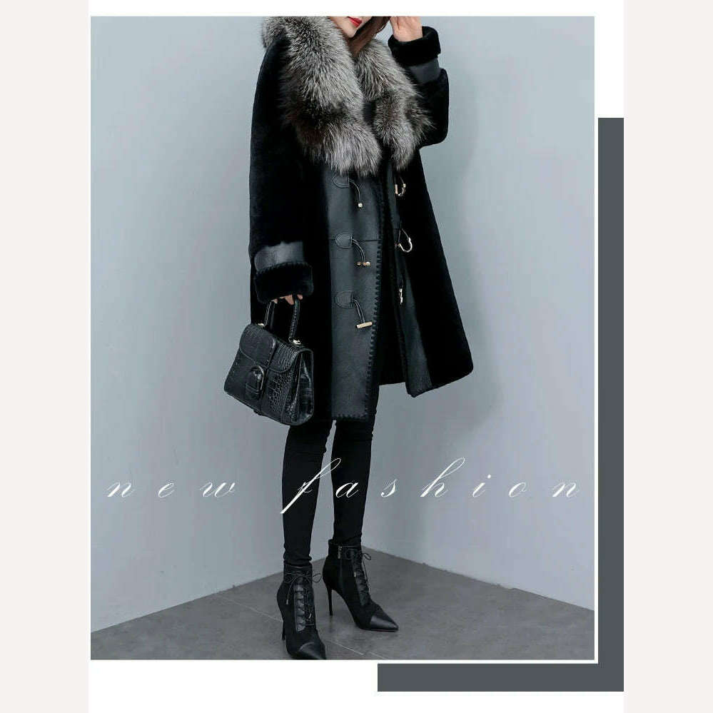 KIMLUD, High-grade Luxury Fox Fur Collar Jacket Women's 2023 New Winter Temperament Fashion Fur Coats Black Female Warm Parkas Overcoat, KIMLUD Womens Clothes