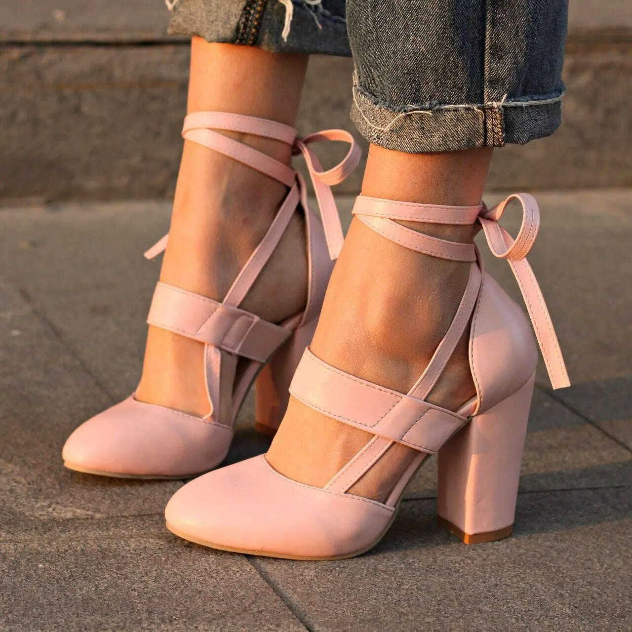 KIMLUD, High Heels Boots For Women Sexy Size 12 Bandage Women'S Round Fashion Shoes Heel Hollow Toe High Chunky Out Toe Shoe Gel Pads 구두, Pink / 37 / United States, KIMLUD APPAREL - Womens Clothes