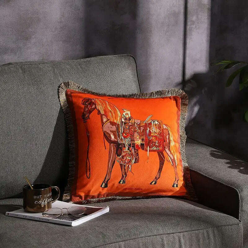 KIMLUD, High Precision Velvet Fabric Luxury Orange Horse Series Home Sofa Cushion Cover Pillowcase Without Core for Living Room Bedroom, 30x50cm / Velvet Horse, KIMLUD Women's Clothes