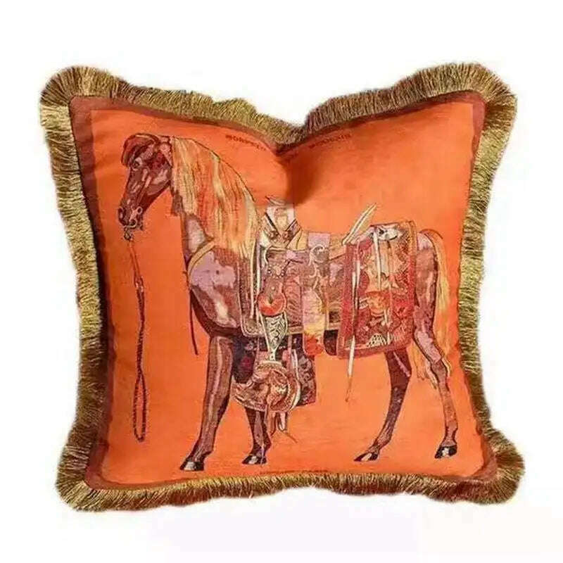 KIMLUD, High Precision Velvet Fabric Luxury Orange Horse Series Home Sofa Cushion Cover Pillowcase Without Core for Living Room Bedroom, KIMLUD Womens Clothes