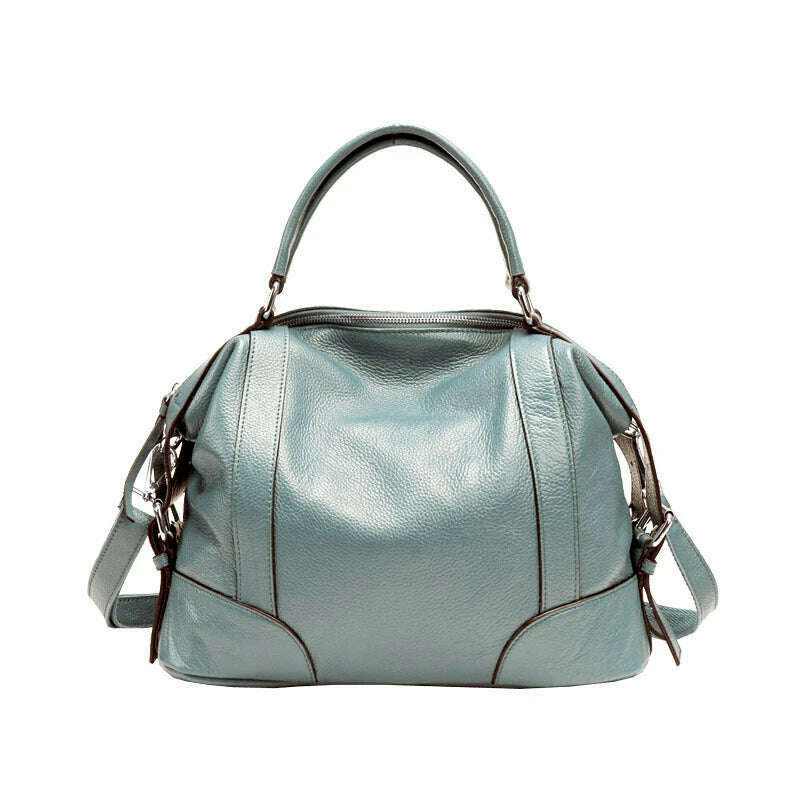 KIMLUD, High Quality A4 Top Grain Cowhide Genuine Leather Women Handbag Shoulder Messenger Bag Fashion Tote Purse Brown Blue Black M1006, light blue-small, KIMLUD Women's Clothes