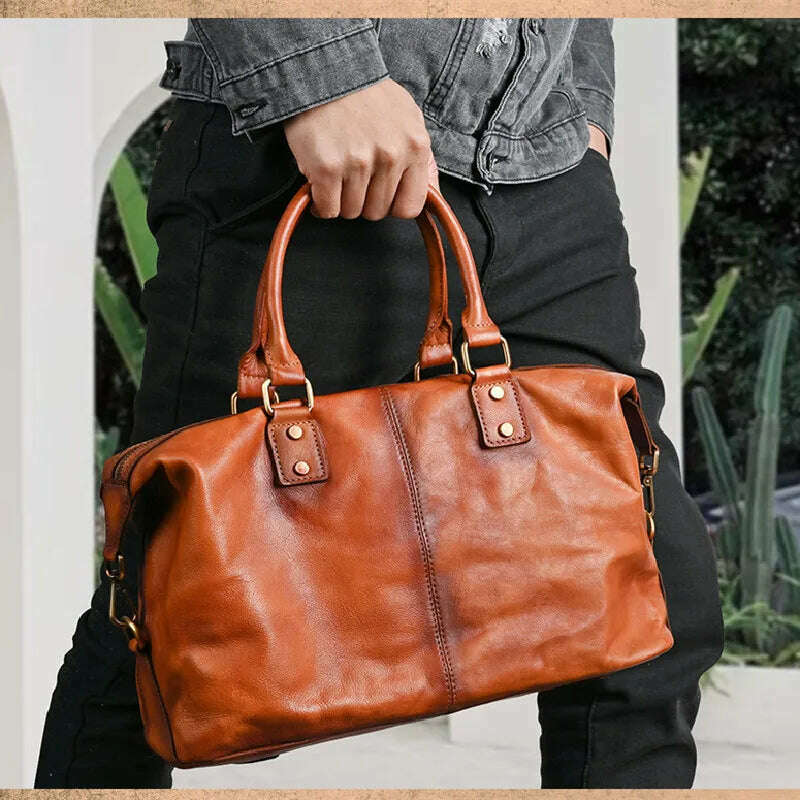 High Quality A4 Vintage Brown Coffee Full Grain Genuine Leather Women Handbag Cowhide Shoulder Messenger Bag Female Purse M022 - KIMLUD