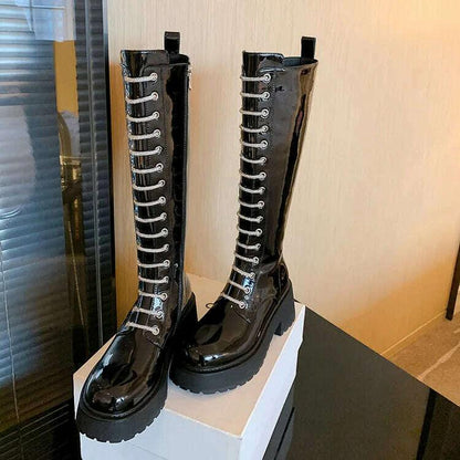 KIMLUD, Patent Leather Overknee Boots Locomotive Platform Detailing Lux — Black | KIMLUD, KIMLUD Womens Clothes