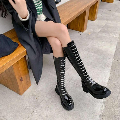 KIMLUD, Patent Leather Overknee Boots Locomotive Platform Detailing Lux — Black | KIMLUD, KIMLUD Womens Clothes
