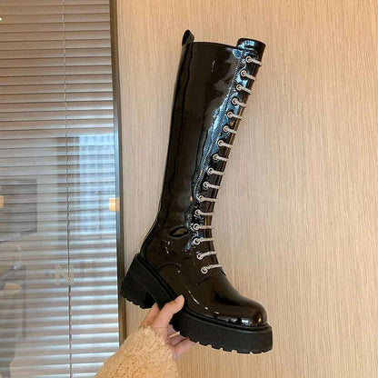 KIMLUD, Patent Leather Overknee Boots Locomotive Platform Detailing Lux — Black | KIMLUD, KIMLUD Womens Clothes
