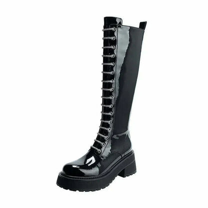 KIMLUD, Patent Leather Overknee Boots Locomotive Platform Detailing Lux — Black | KIMLUD, KIMLUD Womens Clothes