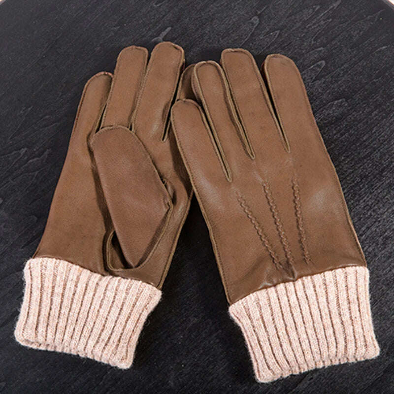 KIMLUD, High Quality Autumn Winter Men 100% Geniune Sheepskin Leather Gloves Warm Male Windproof Driving Mittens S2614, Camel / S, KIMLUD Womens Clothes
