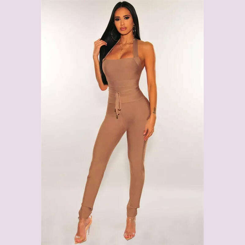 High Quality Black Women Turtleneck Neck Rayon Bandage Jumpsuit Sexy Bodycon Celebrity Party Jumpsuits Vestidos - KIMLUD