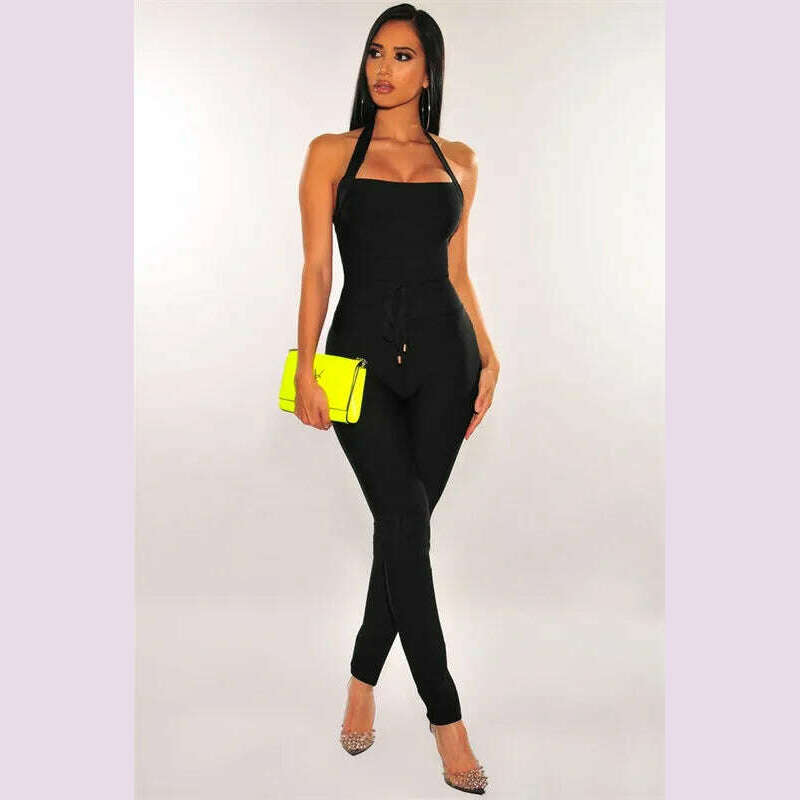 High Quality Black Women Turtleneck Neck Rayon Bandage Jumpsuit Sexy Bodycon Celebrity Party Jumpsuits Vestidos - KIMLUD