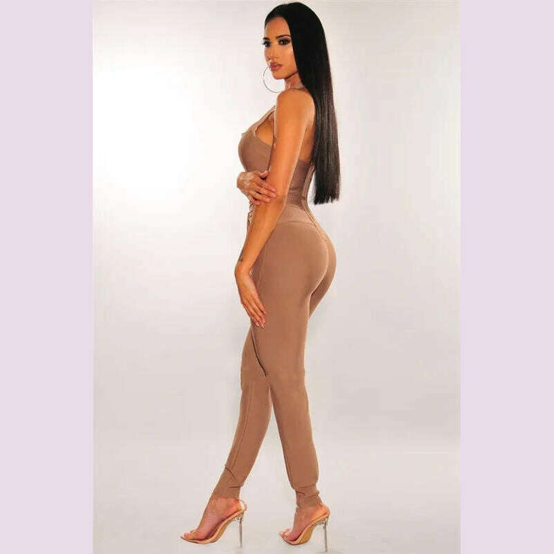 High Quality Black Women Turtleneck Neck Rayon Bandage Jumpsuit Sexy Bodycon Celebrity Party Jumpsuits Vestidos - KIMLUD